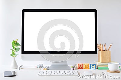 Mockup monitor desktop computer and office supplies. Stock Photo