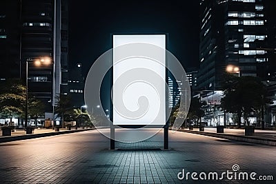 Mockup. Blank white vertical advertising banner billboard stand on the sidewalk at night Stock Photo