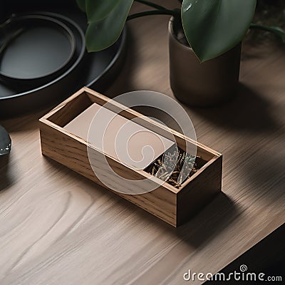 A mockup for brown paper cards with wooden box for natural minimalist product Stock Photo