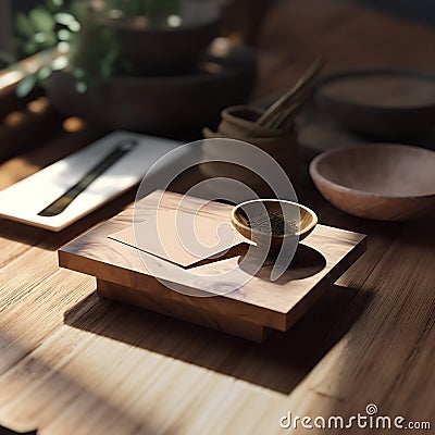 A mockup for brown paper cards with wooden box for natural minimalist product Stock Photo