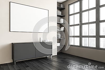 Mockup canvas above commode, white wall and bookshelf near window Stock Photo