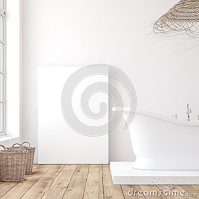 Mockup canvas in minimalist white bathroom interior Stock Photo