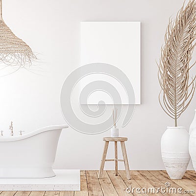 Mockup canvas in minimalist white bathroom interior Stock Photo