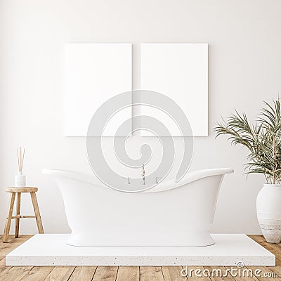 Mockup canvas in minimalist white bathroom interior Stock Photo