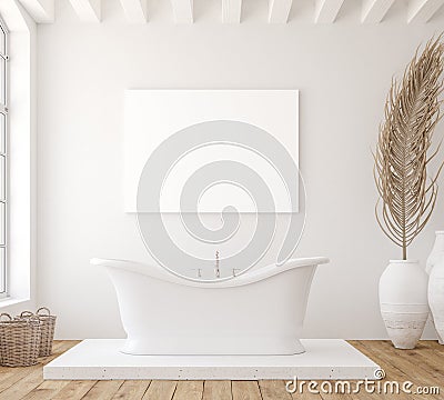 Mockup canvas in minimalist white bathroom interior Stock Photo