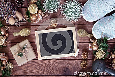 Mockup chalkboard with blank empty screen New Year resolutions fitness healthy goals concept, Christmas gift box with Xmas Stock Photo