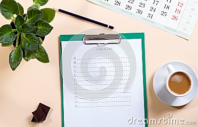 Mockup for check list, empty note paper with pen and coffee cup on pink background. Office, writer or study concept Stock Photo