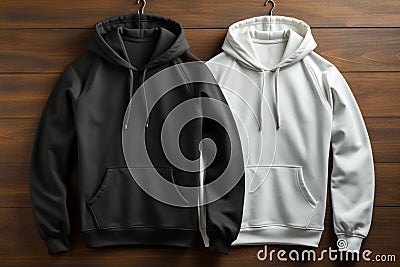 Mockup clothes set, white and black hoodie, studio background, back pose Stock Photo
