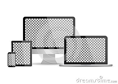 Mockup of computer monitor, laptop, tablet, phone isolated on white background. Set of mockup devices with screen. Modern Stock Photo