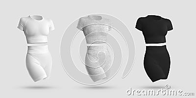 Mockup crop top, cycling shorts, compression suit 3D rendering in white, black, gray heather, isolated on background Stock Photo