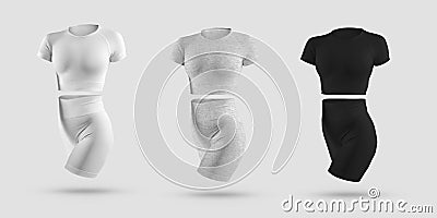 Mockup crop top, cycling shorts, compression suit 3D rendering in white, black, gray heather, isolated on background Stock Photo