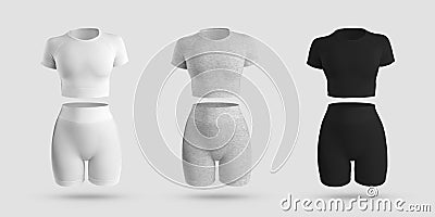 Mockup crop top, cycling shorts, compression suit 3D rendering in white, black, gray heather, isolated on background Stock Photo