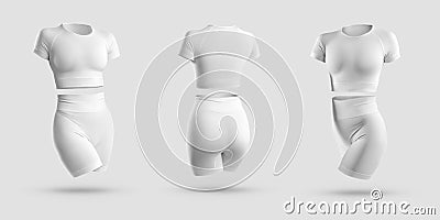 Mockup crop top, rashguard, t-shirt, high shorts, bicycles, compression underwear 3D rendering isolated on background Stock Photo