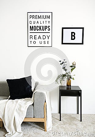 Mockup design space photo frame hanging on the wall Stock Photo