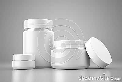 Mockup of elegant white plastic jars for creams of different sizes. Generative AI Stock Photo