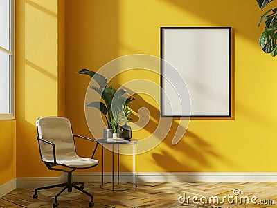 Mockup an empty, blank vertical poster canvas, nestled within a yellow-painted, modernist minimalist home Stock Photo