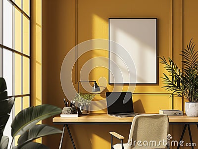 Mockup an empty, blank vertical poster canvas, nestled within a yellow-painted, modernist minimalist home Stock Photo