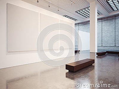 Mockup of empty gallery with bench. 3d render Stock Photo