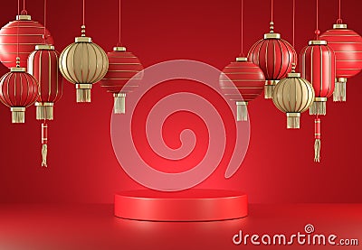 Mockup Empty Minimal Red Display With Chinese Lantern Abstract Background 3d Render Stock Photo
