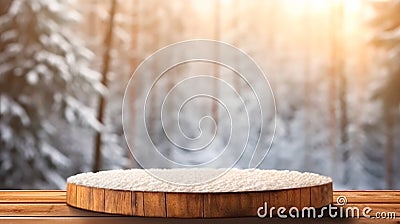 Mockup of empty wooden display, round wood product stand with blurred snow pine trees forest in morning sunlight, peaceful winter Stock Photo
