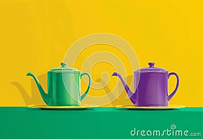 Mockup enamelware on yellow, purple and green background. Ad posters. Minimalistic color enamel objects. Stock Photo