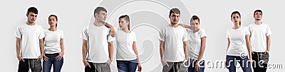 Mockup of fashionable womens, mens t-shirt on guy, girl posing, isolated on background,front view Stock Photo