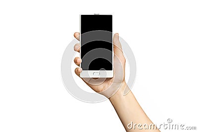 Mockup of female hand holding frameless cell phone with blank screen Stock Photo