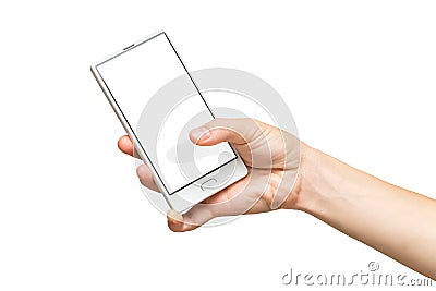 Mockup of female hand holding frameless cell phone with blank screen Stock Photo