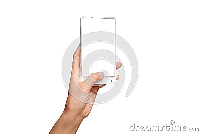 Mockup of female hand holding modern white cellphone with blank screen Stock Photo