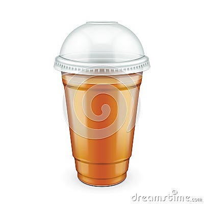 Mockup Filled Disposable Plastic Cup With Lid. Coffee, Java, Tea, Cappuccino, Chocolate, Cola Fresh Drink Juice Vector Illustration