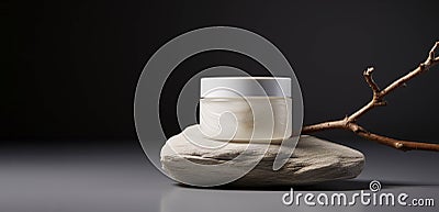 Mockup with a flat cream jar on the stone stand and with a branch Stock Photo