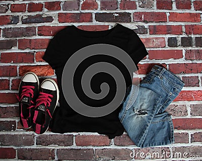 Mockup Flat Lay of Black T shirt Stock Photo