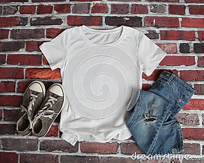 Mockup Flat Lay of White Tee shirt Stock Photo