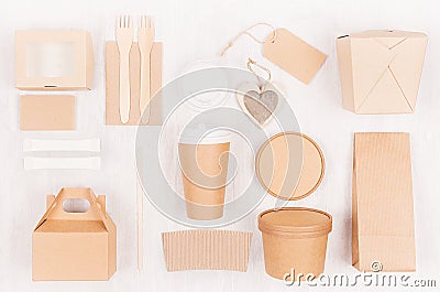 Mockup food takeaway packaging for cafe and restaurant - heart, cardboard boxes for coffee, burger, noodles, sandwich, sushi. Stock Photo