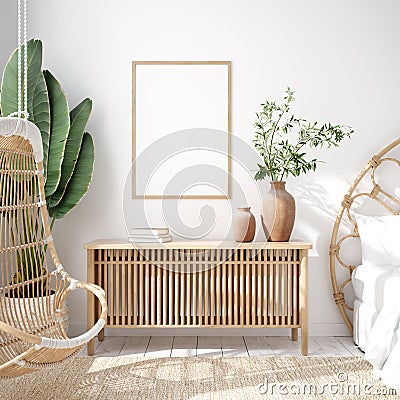 Mockup frame in bedroom interior background, Coastal boho style Stock Photo