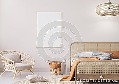 Mockup frame in bedroom interior background with natural wooden furniture Stock Photo