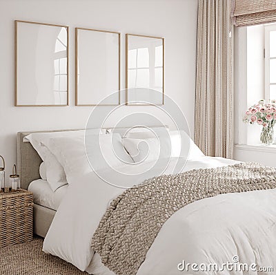 Mockup frame in bedroom interior background, room in light pastel colors Stock Photo