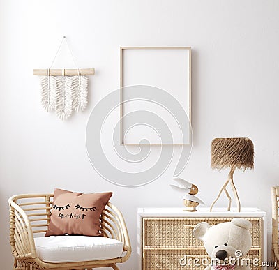 Mockup frame in children bedroom with wicker furniture, Coastal boho style Stock Photo