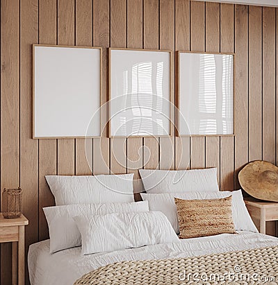Mockup frame in cozy bedroom interior background Stock Photo