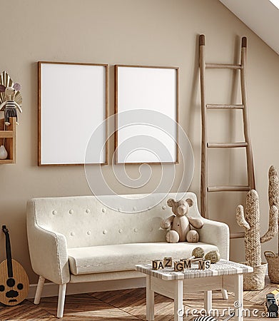 Mockup frame in cozy beige children room interior background Stock Photo