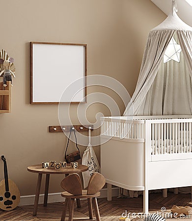 Mockup frame in cozy beige children room interior background Stock Photo