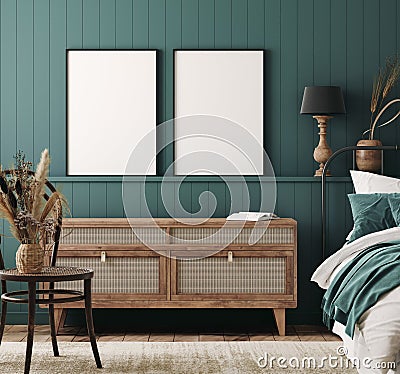 Mockup frame in cozy dark blue bedroom interior background, farmhouse style Stock Photo