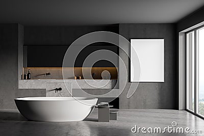 Mockup frame in dark bathroom with bathtub and sinks with mirror near window Stock Photo