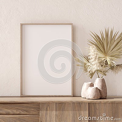 Mockup frame with dry plant in pot close up, nomadic style Stock Photo