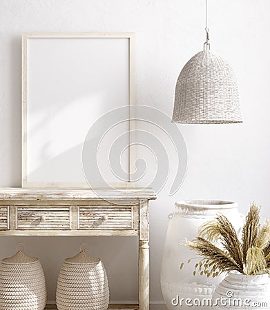 Mockup frame in farmhouse living room interior Stock Photo