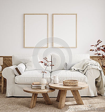 Mockup frame in farmhouse living room interior Stock Photo