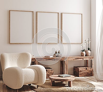 Mockup frame in farmhouse living room interior Stock Photo