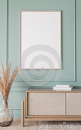 Mockup frame in farmhouse living room interior, vertical wooden frame on classic blue wall background Stock Photo