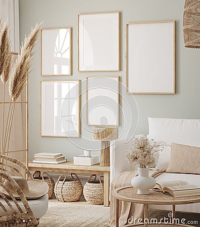 Mockup frame in interior background, room in light pastel colors, Scandi-Boho style Stock Photo