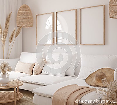 Mockup frame in interior background, room in light pastel colors, Scandi-Boho style Stock Photo